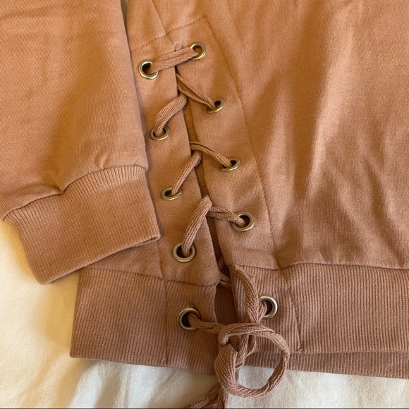 “Nobody Cares” Dusty Pink Crew Neck with Horizontal Tie Detail - Picture 3 of 8